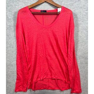 Gap Womens Coral Red Long-Sleeve V-Neck 100% Linen  High-Low Top‎ Size L